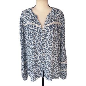 Angels Blue Floral Peasant Top L Button Down Crochet Flowy Boho Coquette